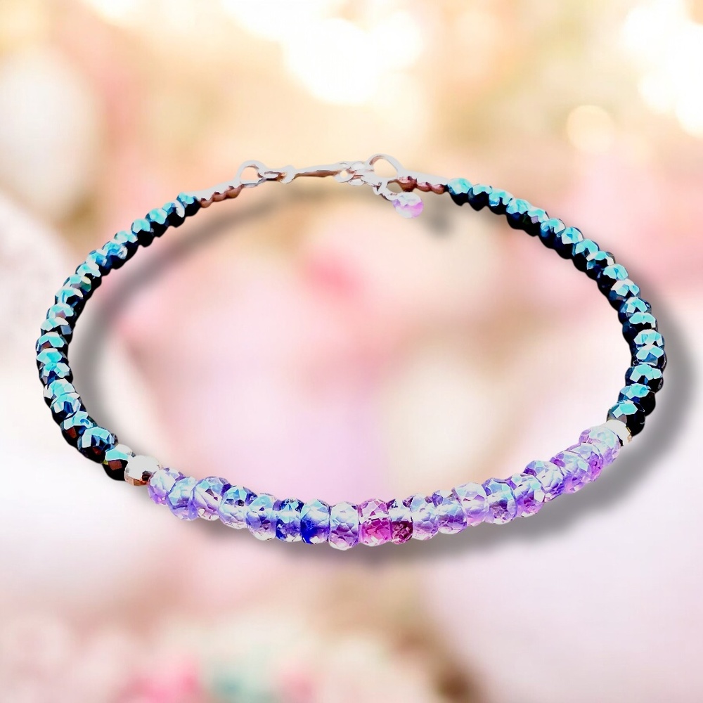 New Purple Sapphire Black Diamond Bracelet, 14K Rose Gold, Handmade 7" - 7.5"
